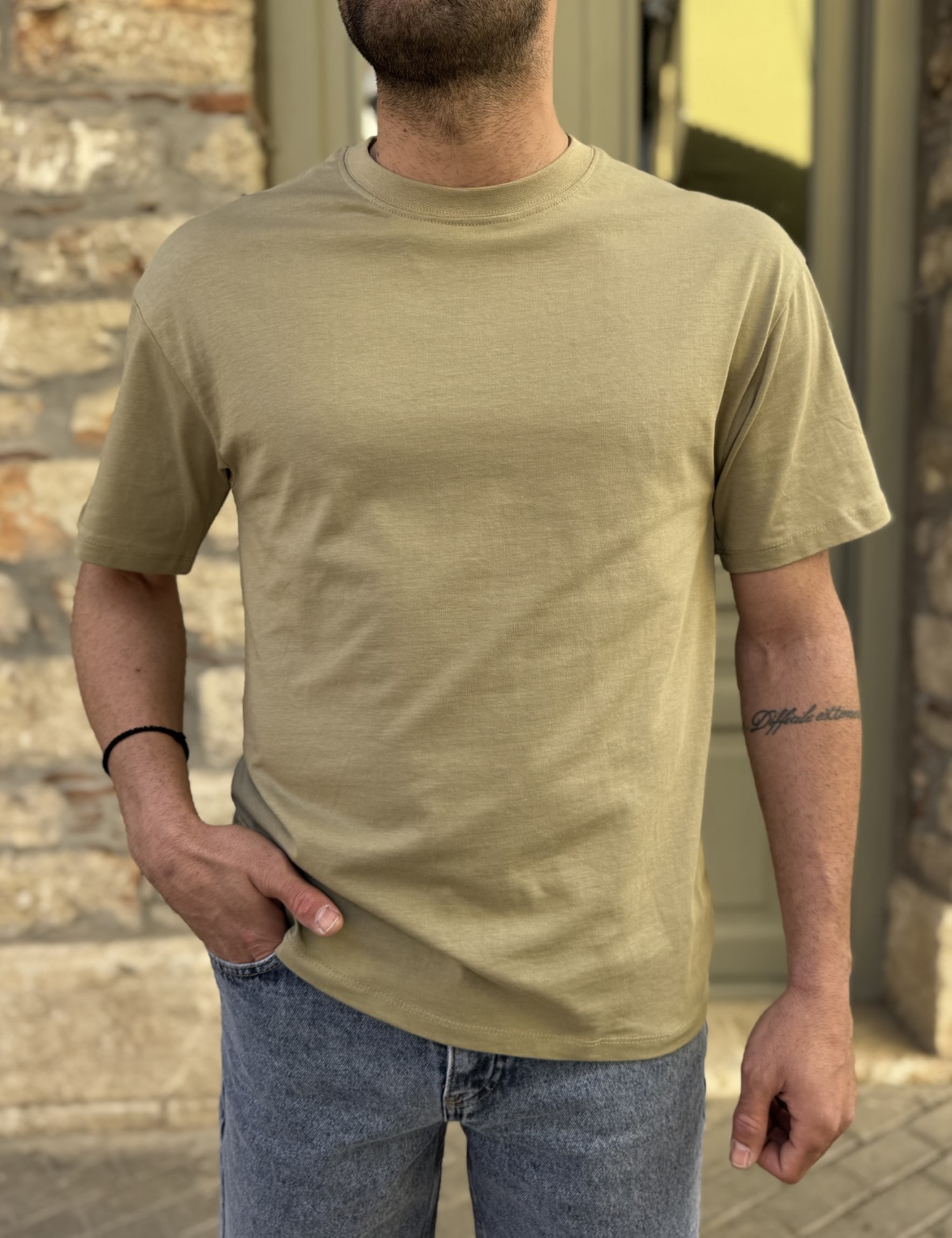 Ανδρική βαμβακερή λαδί κοντομάνικη Oversized μπλούζα KEF2622L